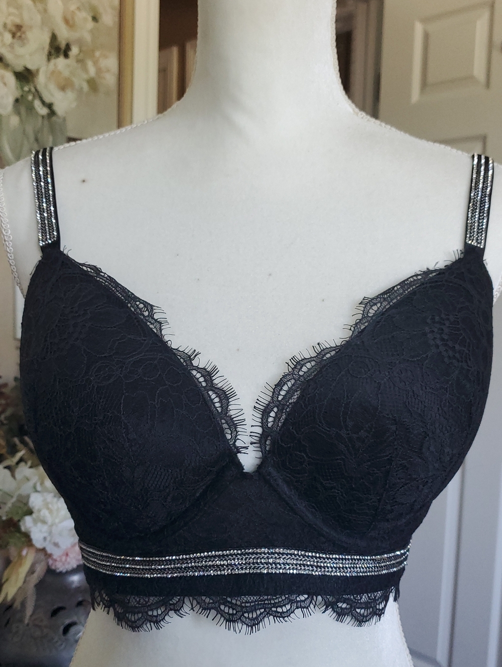 Victoria's Secret Black Lace Longline Bralette with Rhinestone Straps